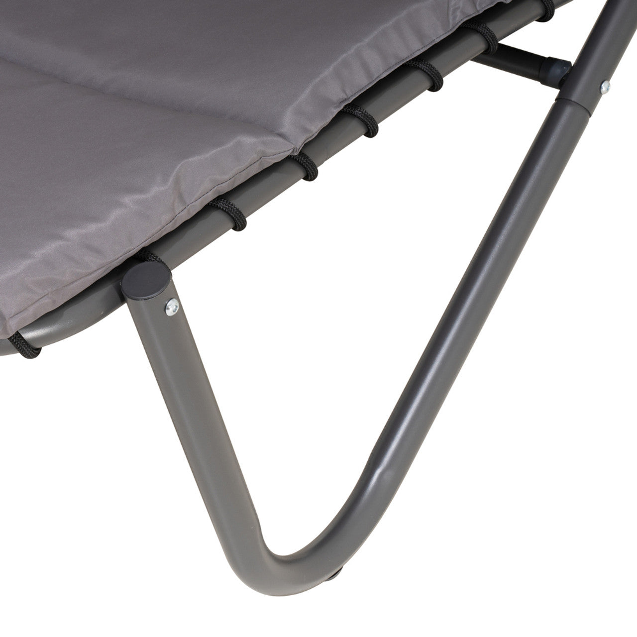 Outdoor lounge chair base with curved legs and underside straps, gray metal