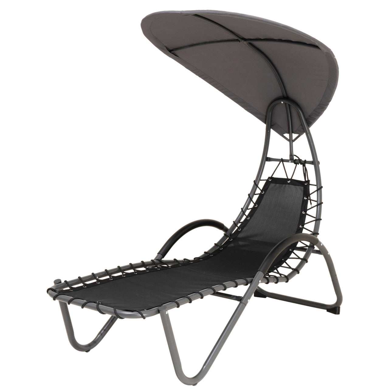 Outdoor patio lounge chair with canopy, dark gray padded seat and curved metal frame