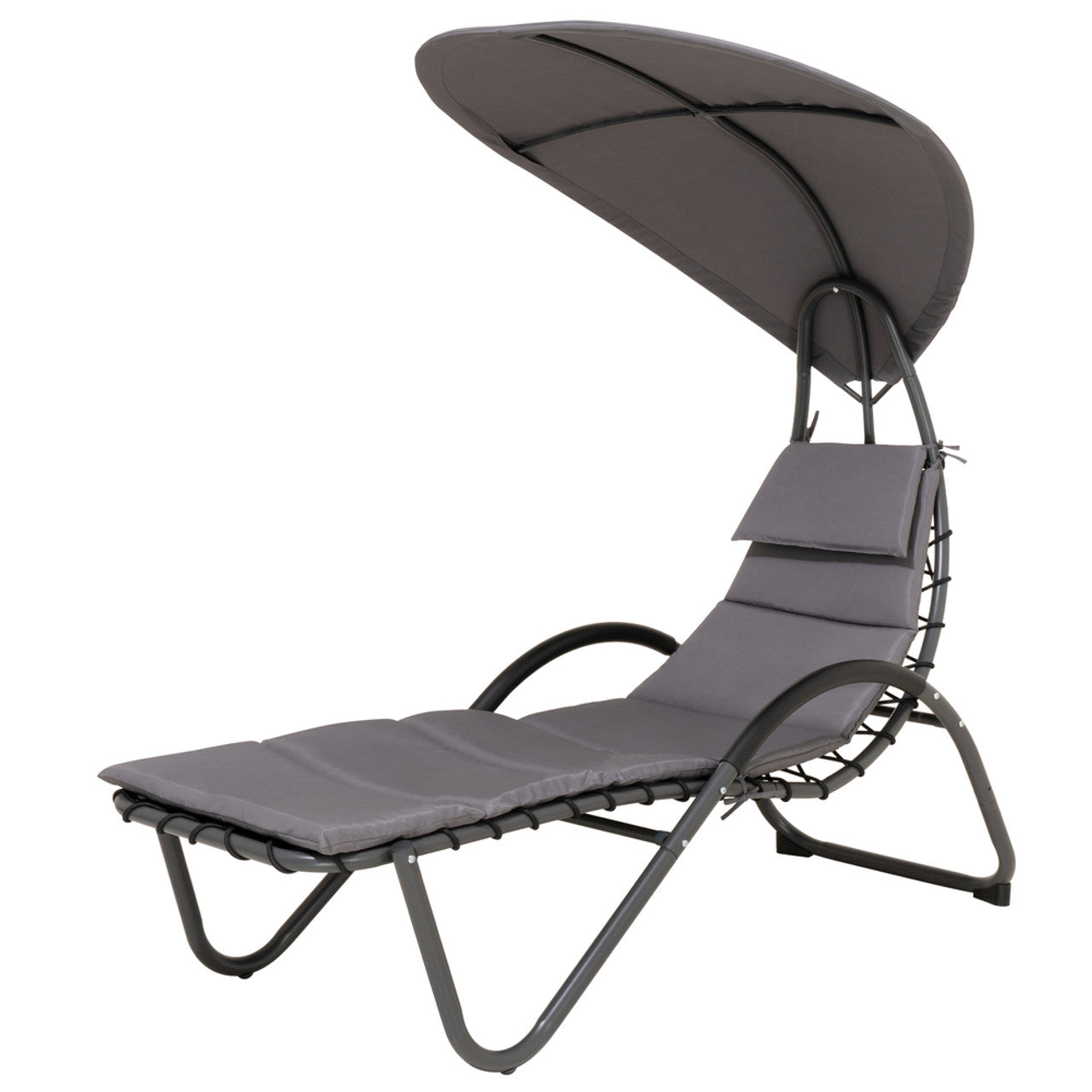 Outdoor patio lounge chair with canopy, dark gray cushions and pillow, curved metal frame