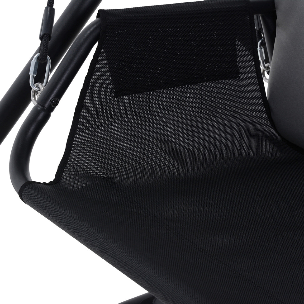 Outdoor patio swing chair seat with black mesh back and light gray cushion paneling.