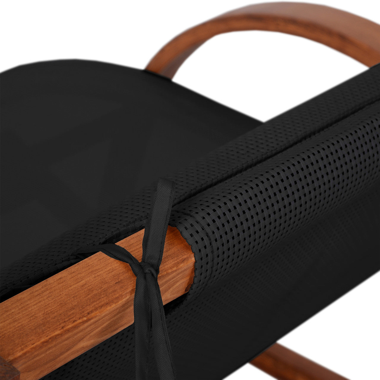 Close-up of black textilene fabric with stitched seam on cedar wood rocking frame
