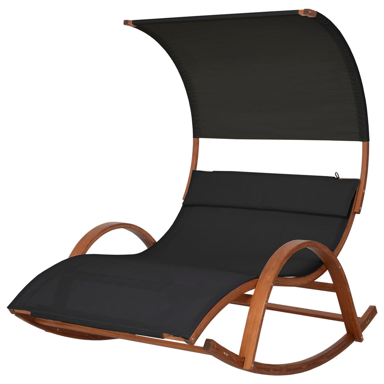 Curved rocking patio daybed with black canopy, black textilene seat, and cedar rockers