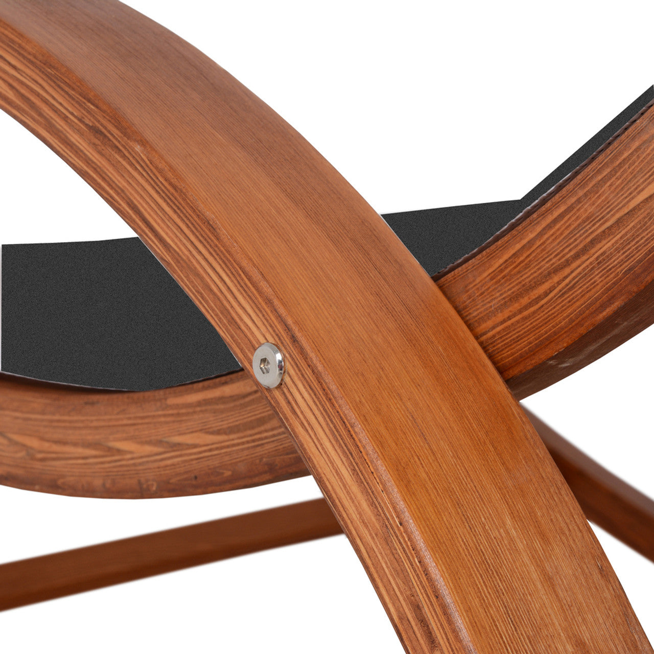 Cedar wood rocker frame joint with metal fastener and black textilene panel