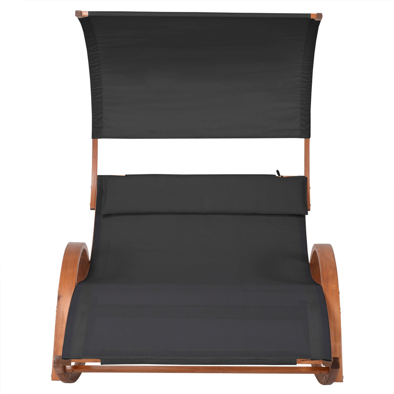 Black textilene patio lounge daybed with attached canopy and padded seat backrest