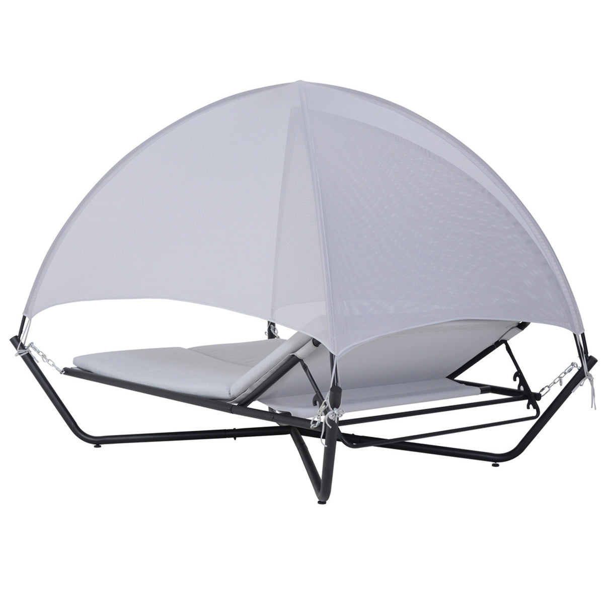 Outdoor hammock daybed with side canopy panel and light gray cushions on black frame