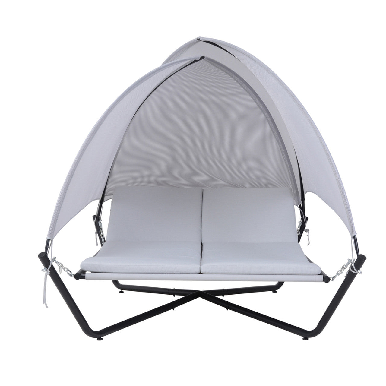 Outdoor hammock daybed with canopy cover, light gray cushions, and black metal frame