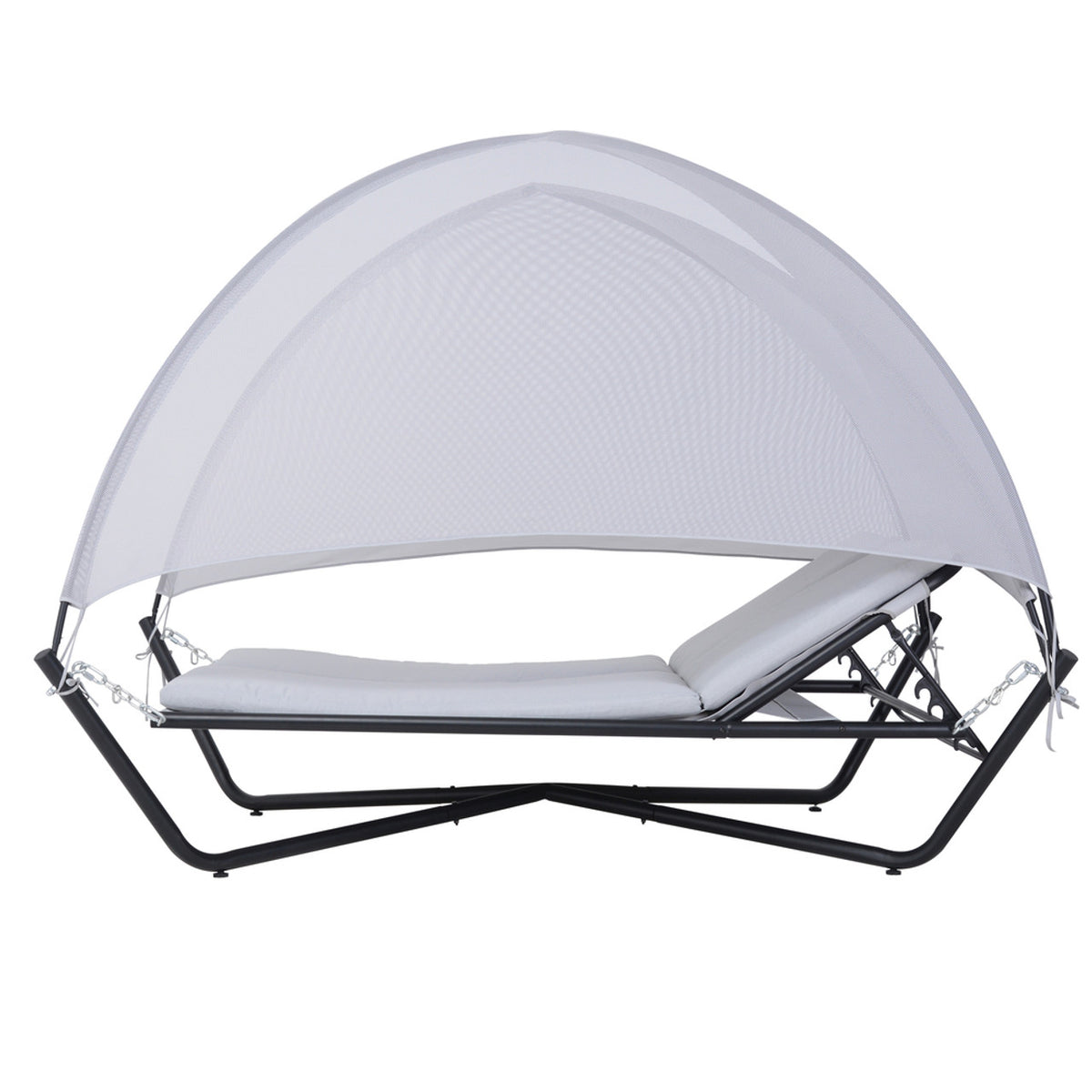 Outdoor hammock daybed with canopy dome, light gray cushions, and black base frame