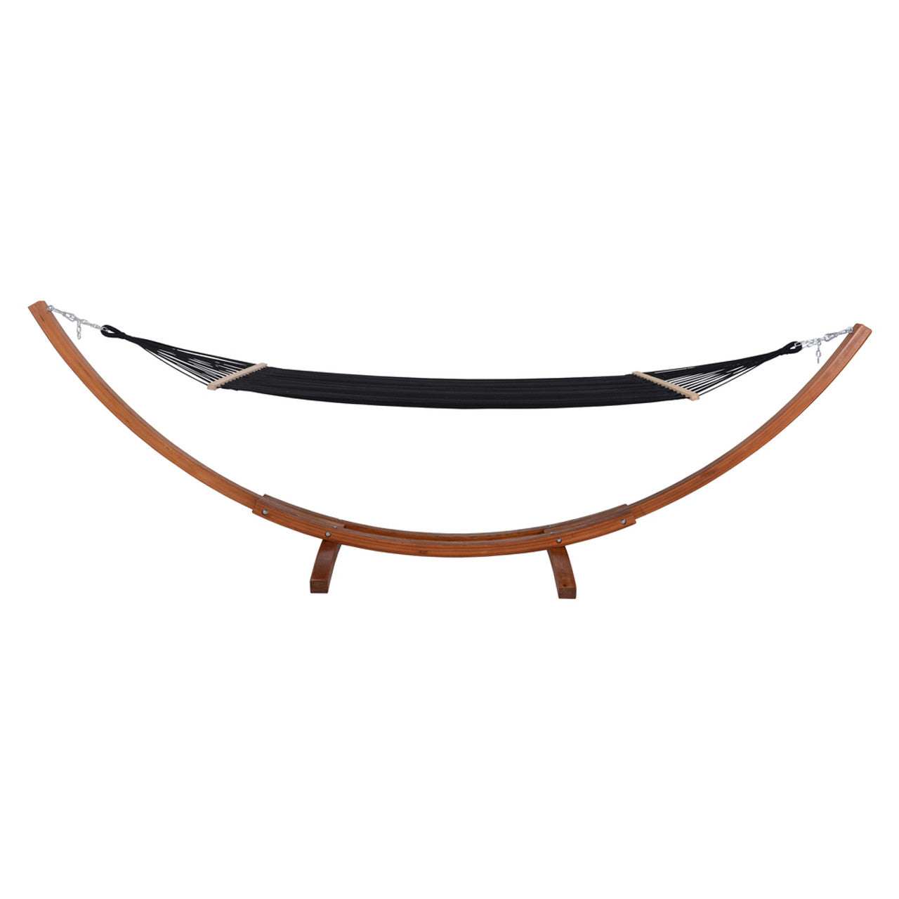 Black Textilene fabric hammock with curved cedar wood spreader bar and end supports