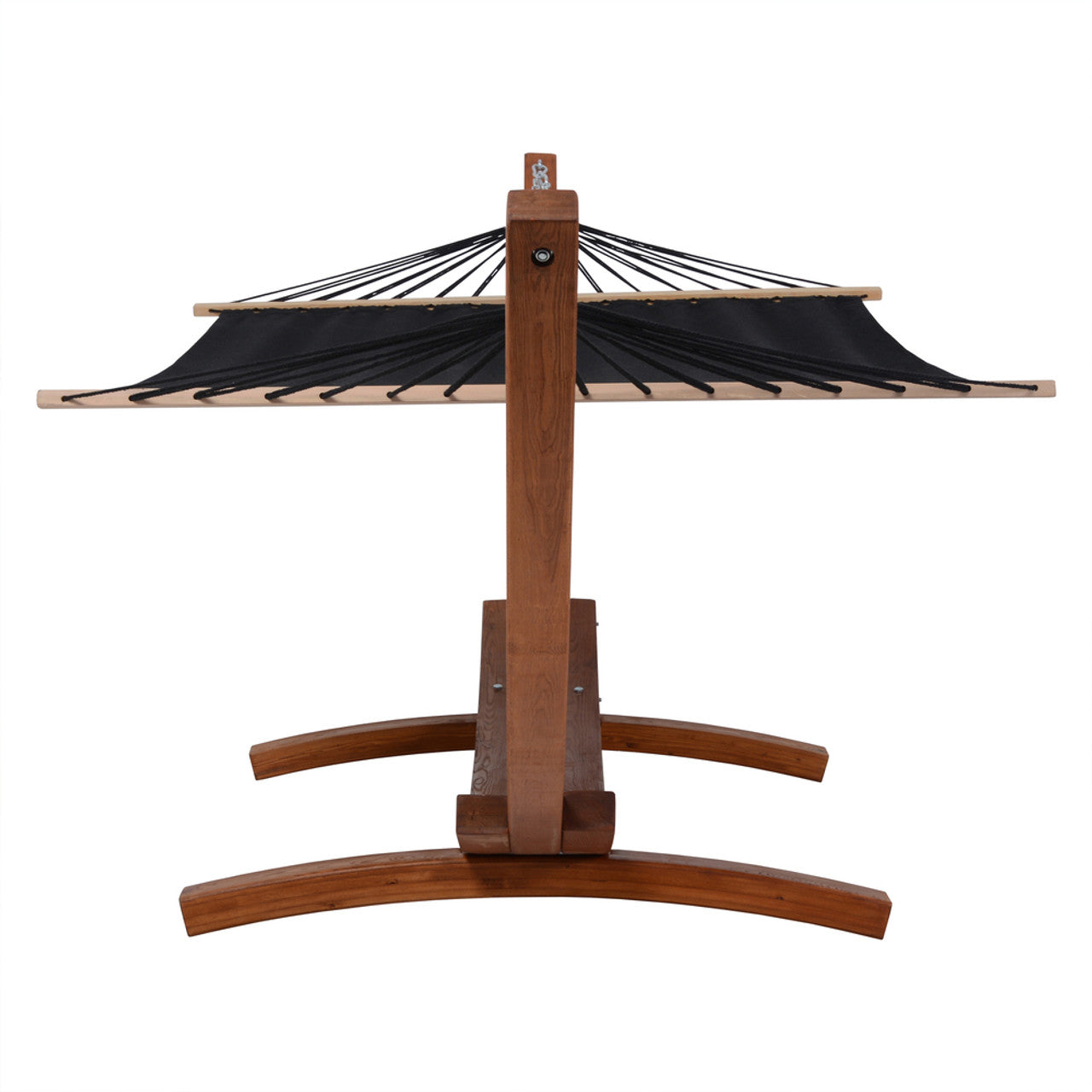Cedar wood hammock stand with black fabric bed and vertical support column