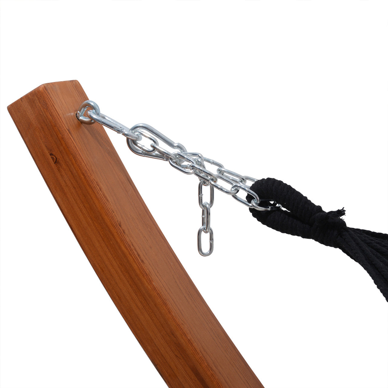 Cedar wood hammock end panel with black rope and silver chain hardware
