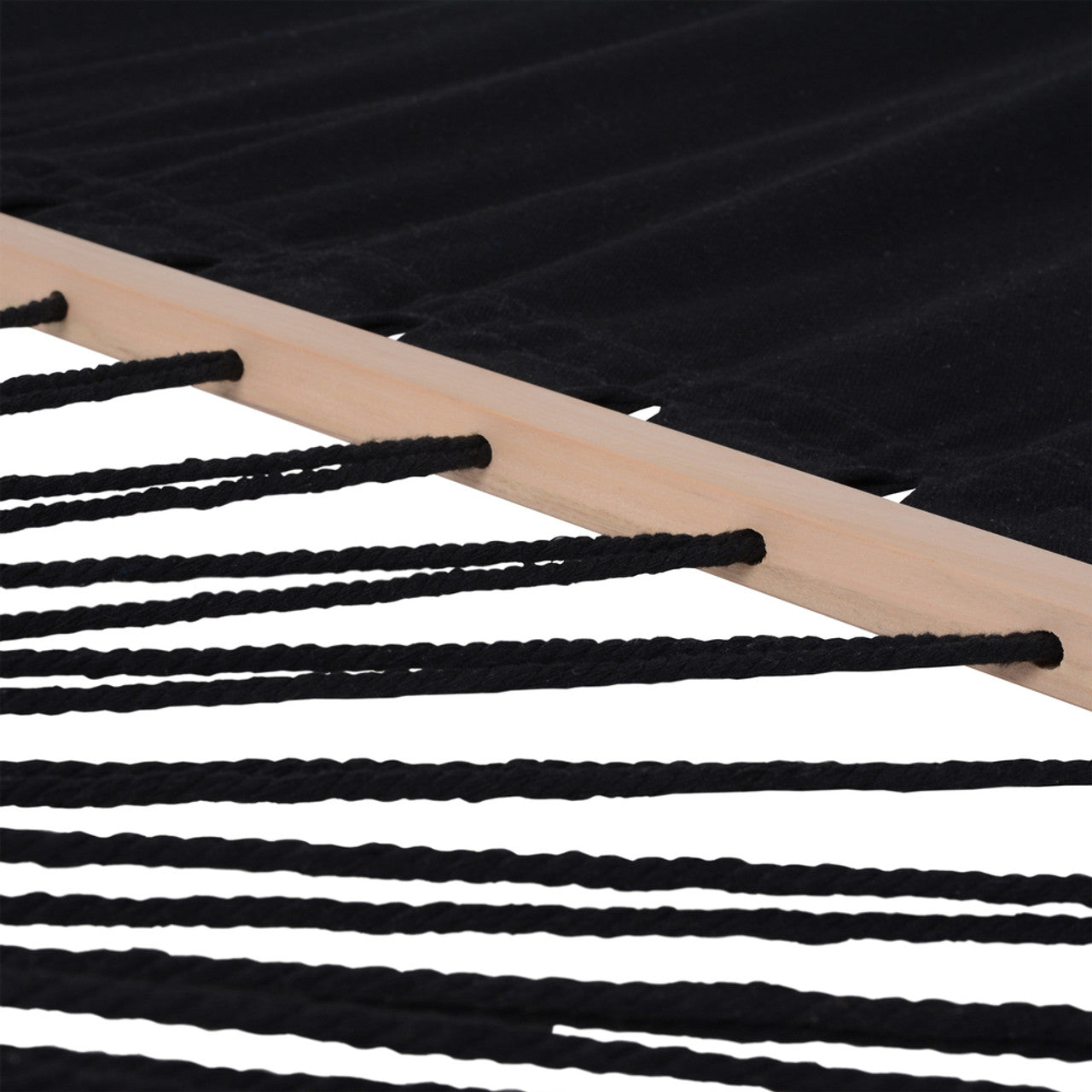 Close-up of black fabric hammock bed with rope suspension and wooden support beam