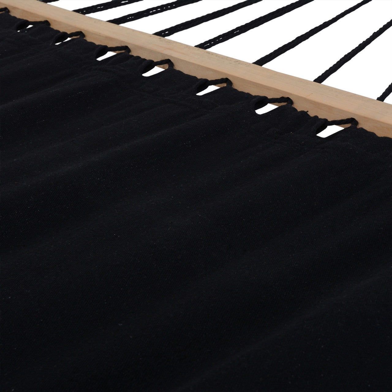 Close-up of black fabric hammock bed slats across a wooden support bar