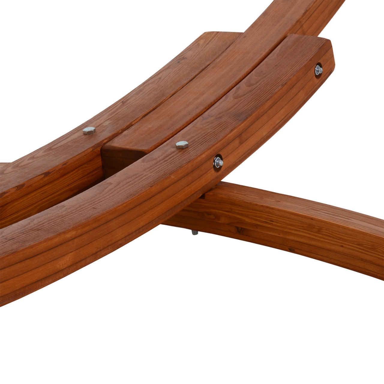 Cedar wood hammock frame with pivot connection hardware and overlapping support arms