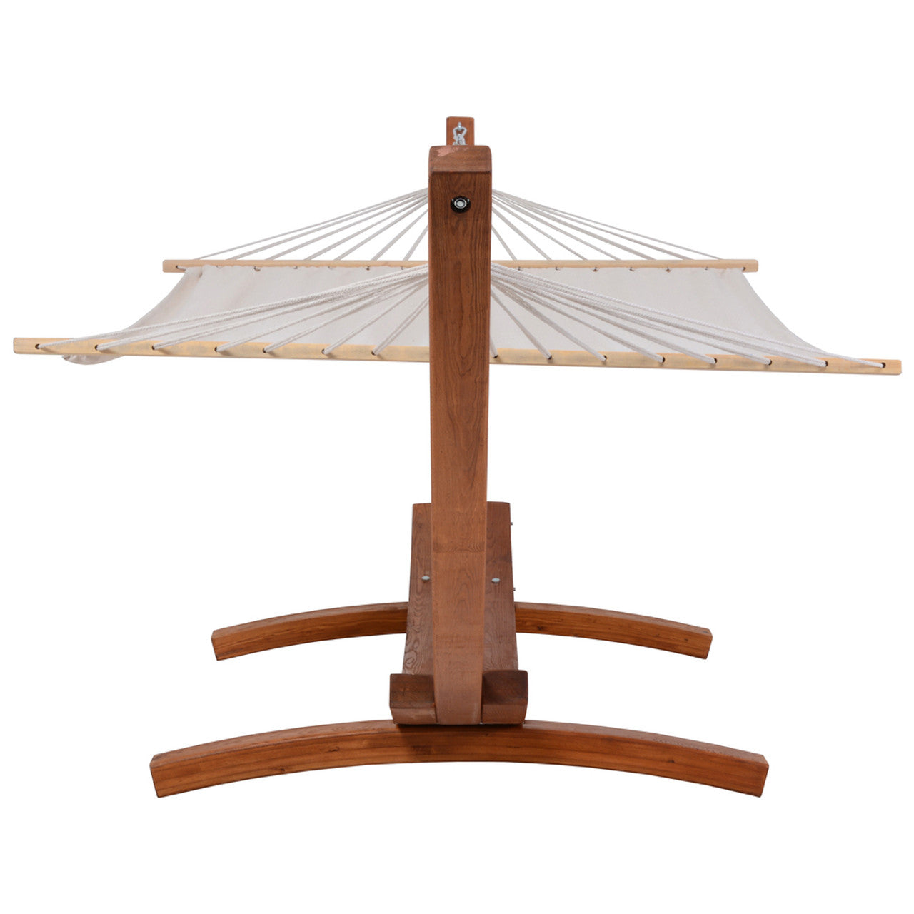 Cedar wood standing hammock frame with white fabric sling and central support post