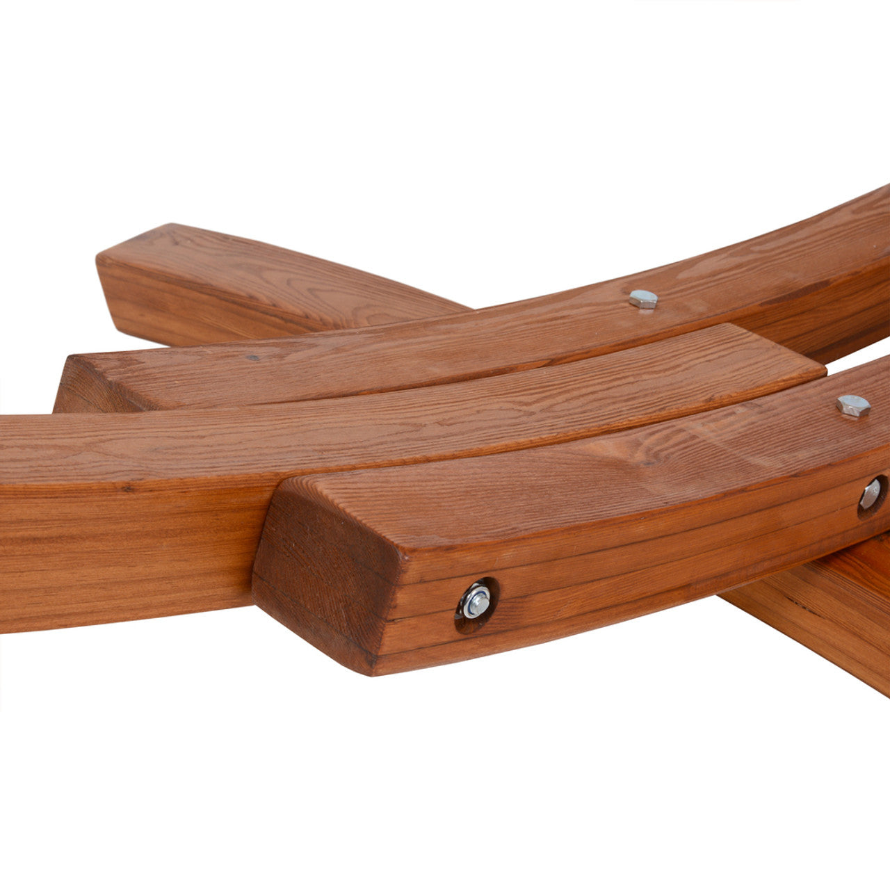 Cedar wood hammock arm joint with metal fasteners and white fabric sling