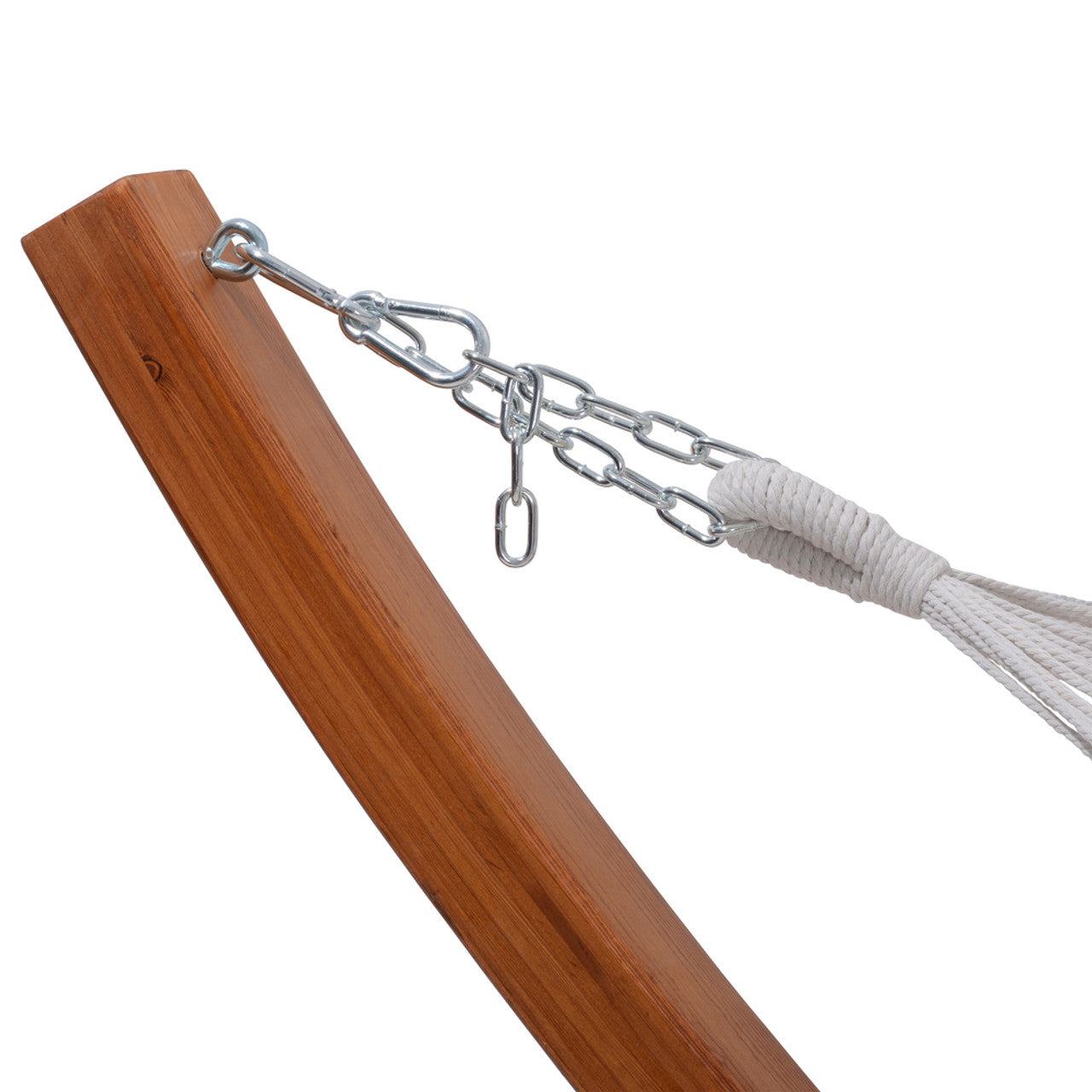 Cedar wood hammock end with metal chain and white rope suspension