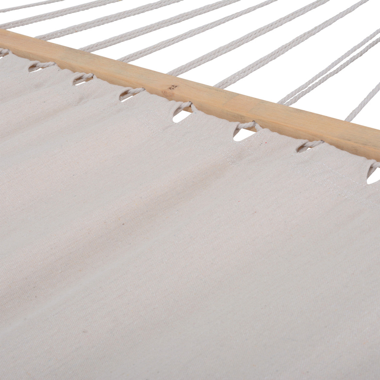 Close-up of white hammock fabric seam with rope loops and cedar spreader bar