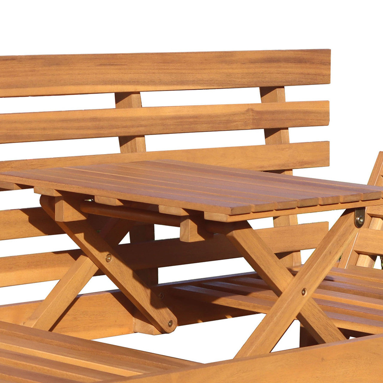Acacia wood patio bench with fold-down center table, slatted top close-up