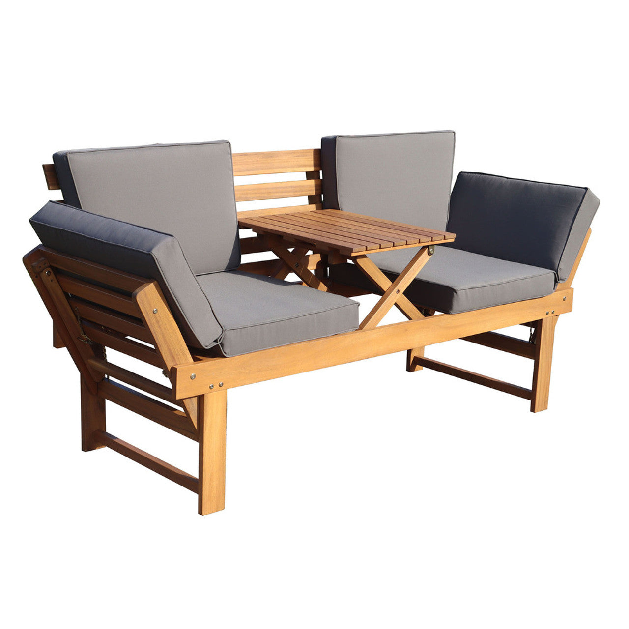 Outdoor acacia wood patio bench with fold-down table and blue-gray seat cushions