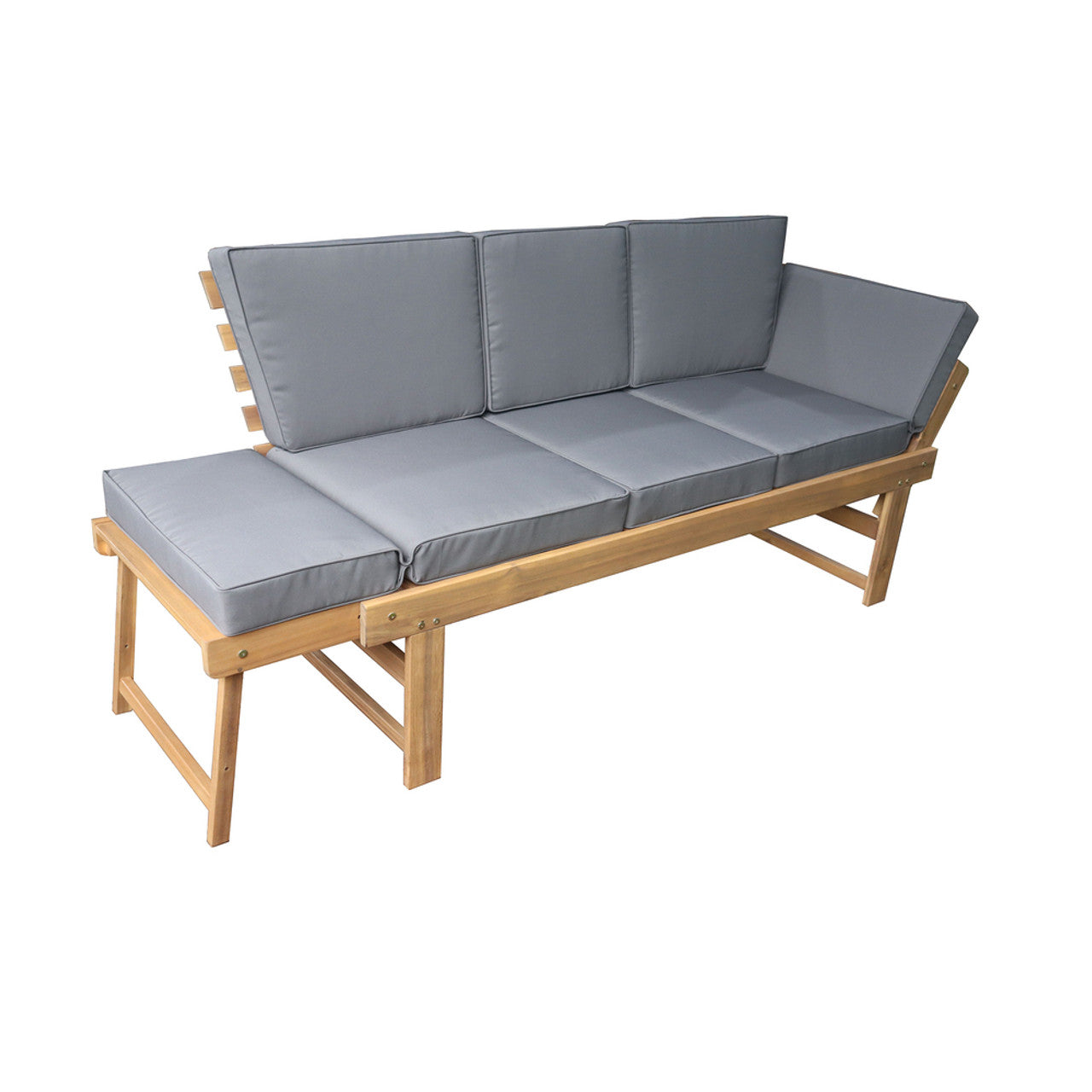 Outdoor acacia wood patio bench with fold-down table, gray padded cushions set