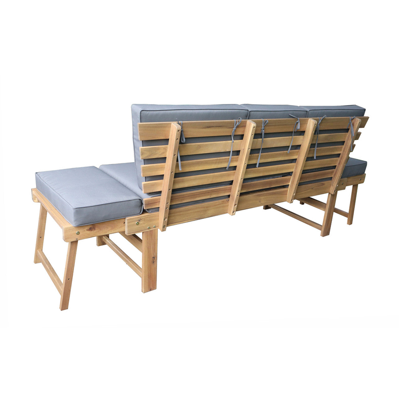 Outdoor acacia wood patio bench with fold-down table, gray cushions and open slats