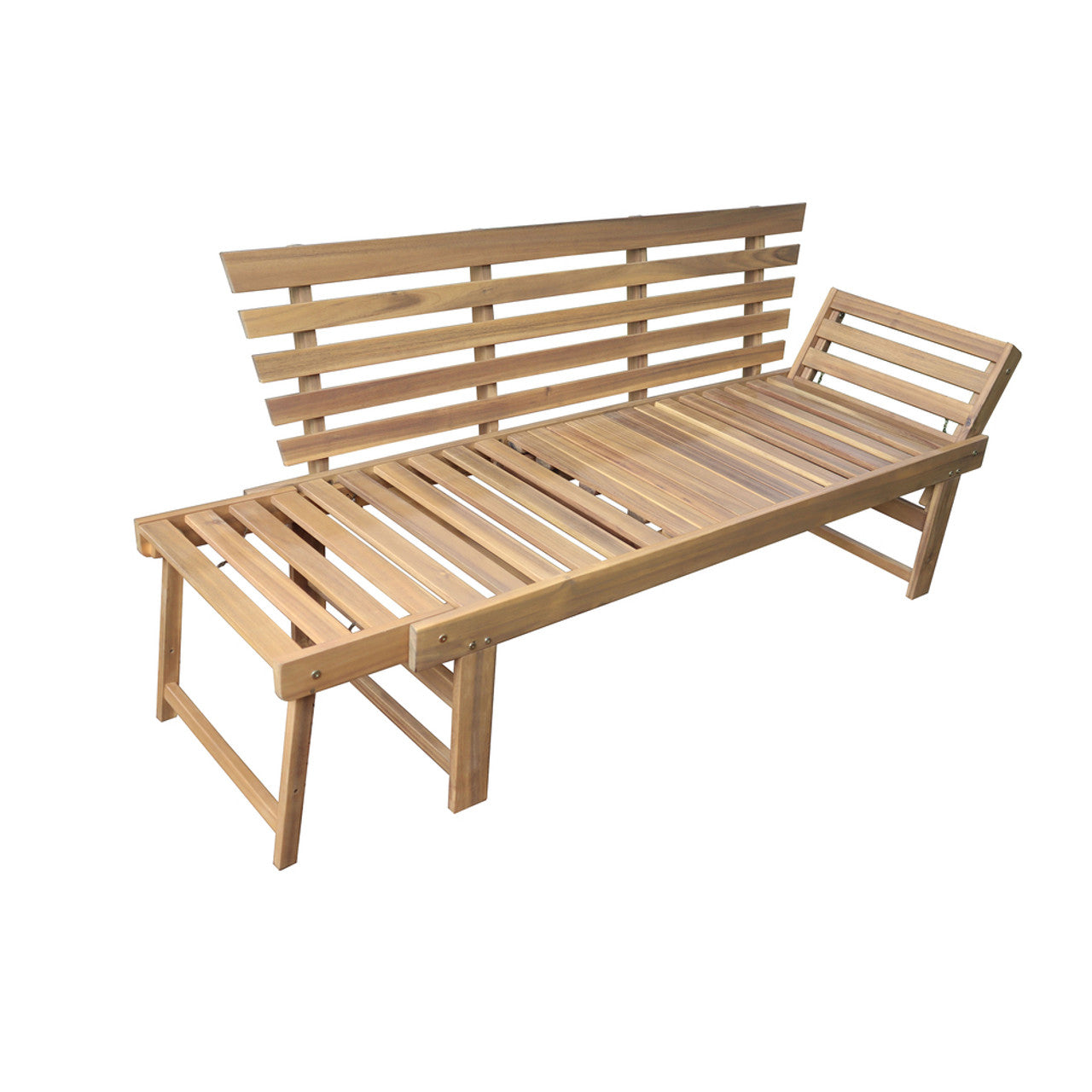 Acacia wood patio bench with slatted center table and side panel seating, no cushions
