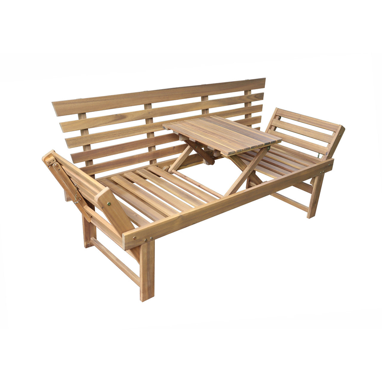 Acacia wood patio bench with fold-down center table and slatted backrest, no cushions