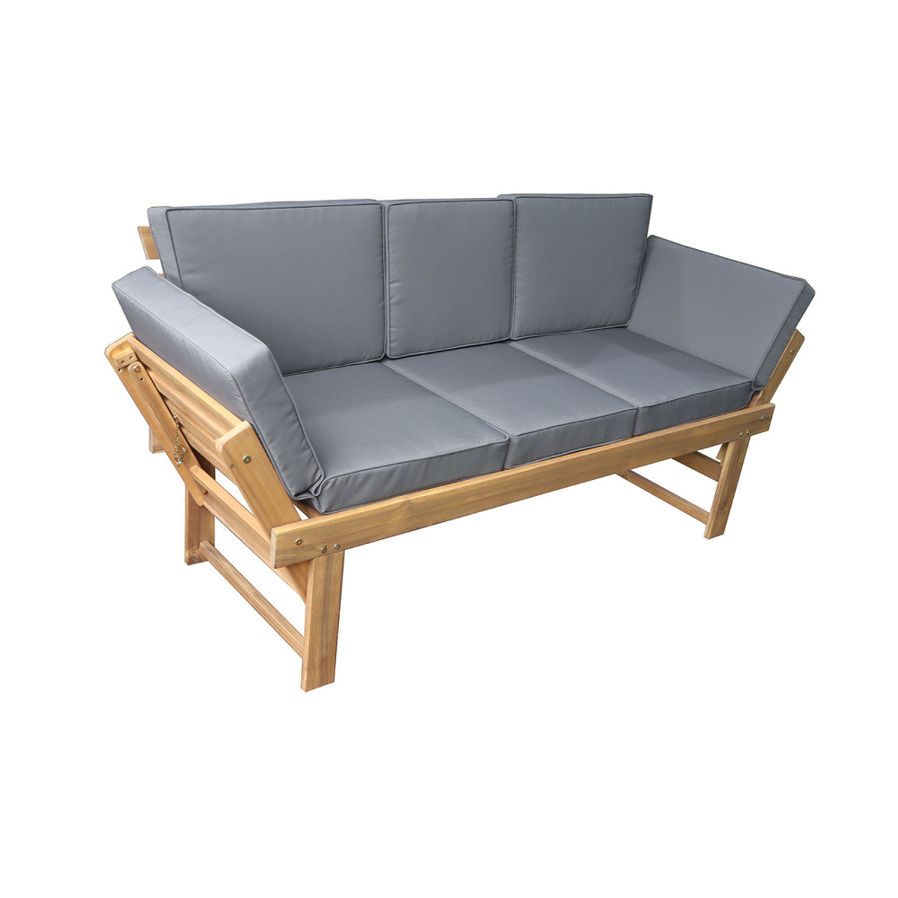 Outdoor acacia wood patio bench with fold-down table and gray padded cushions