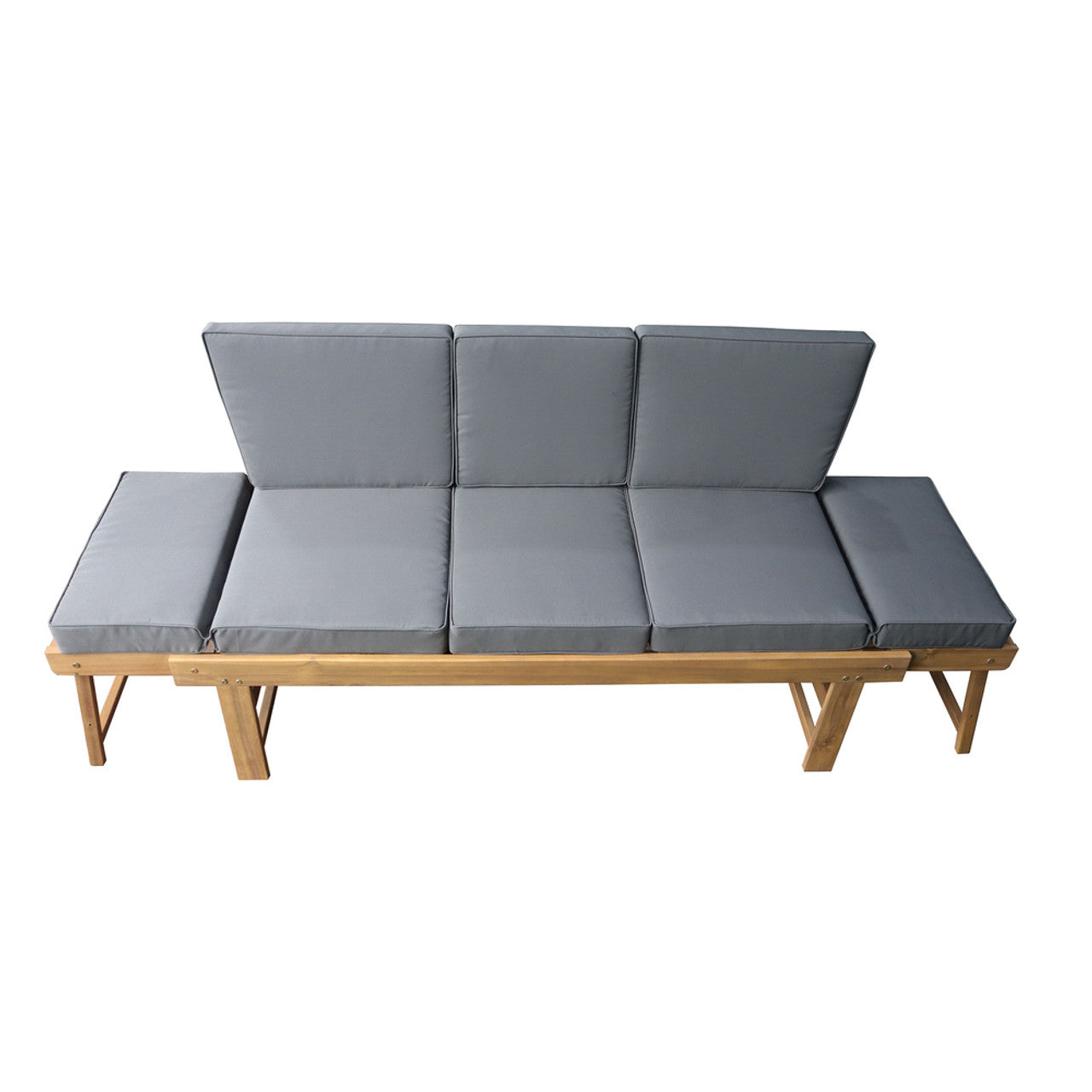 Acacia wood patio bench with dark gray cushions and fold-down center table