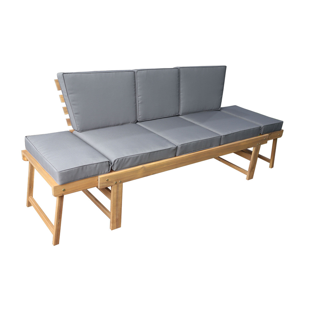 Acacia wood patio bench with dark gray cushions, slatted back, fold-down table