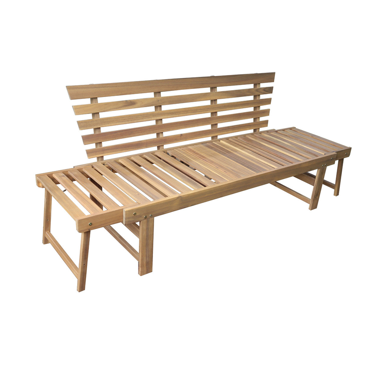 Acacia wood patio bench with slatted back and seat, no cushions