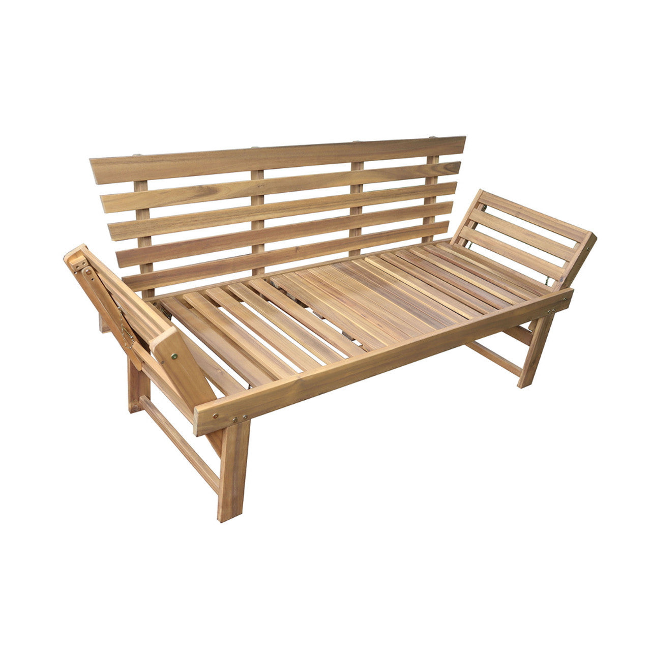 Acacia wood patio bench with slatted back and seat, angled view