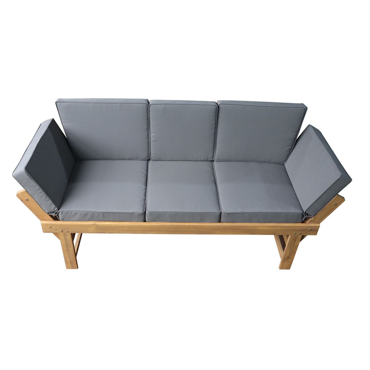 Outdoor acacia wood patio bench with fold-down table, gray three-cushion seating