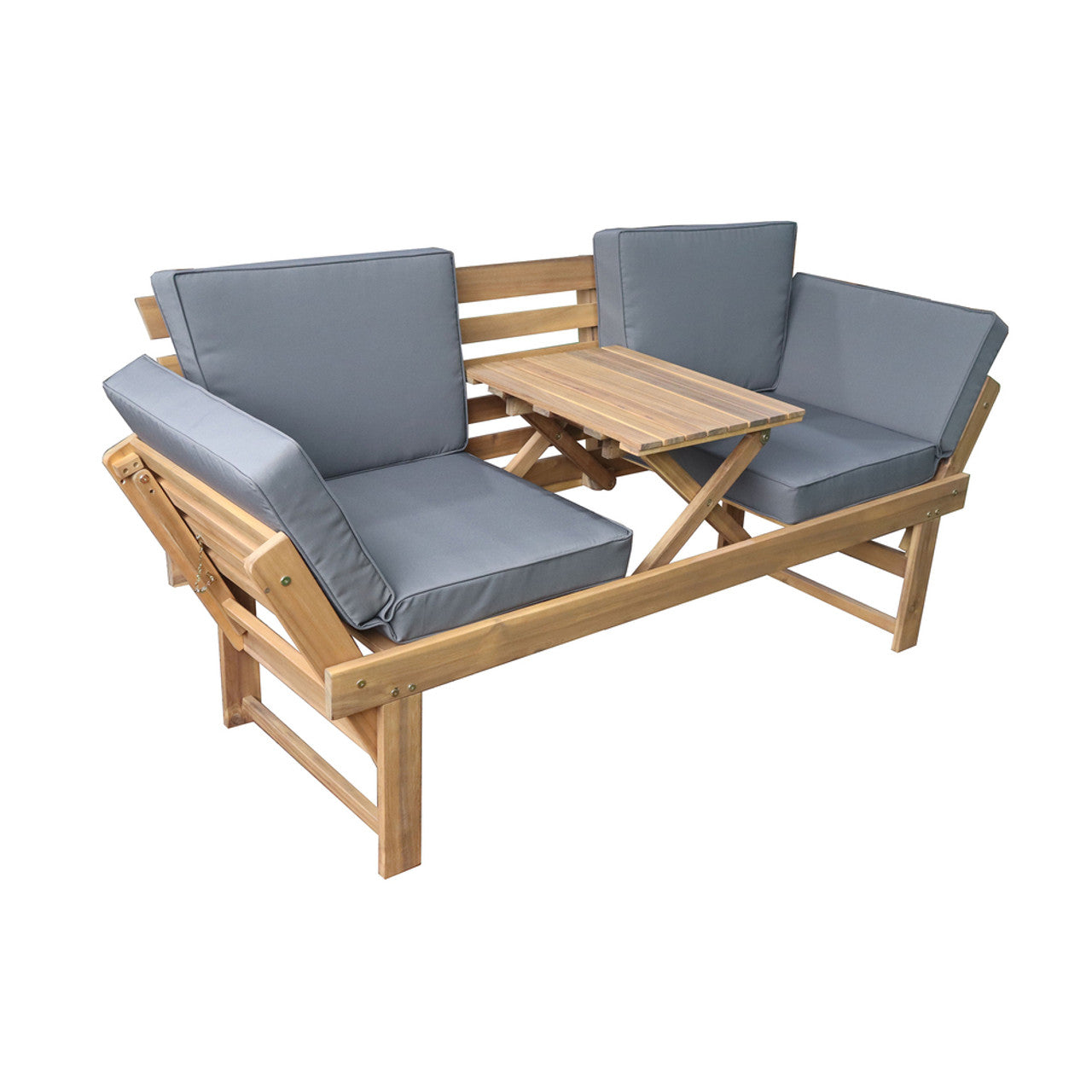 Acacia wood patio loveseat bench with dark gray cushions and center folding table