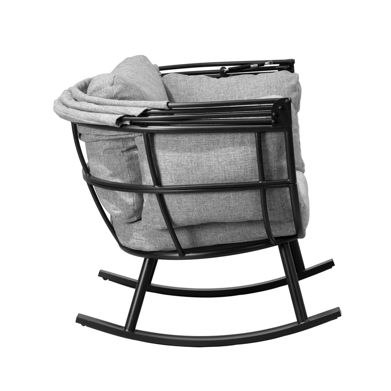 Outdoor rocking egg chair with gray cushions, black metal frame, and rocking runners, rear view