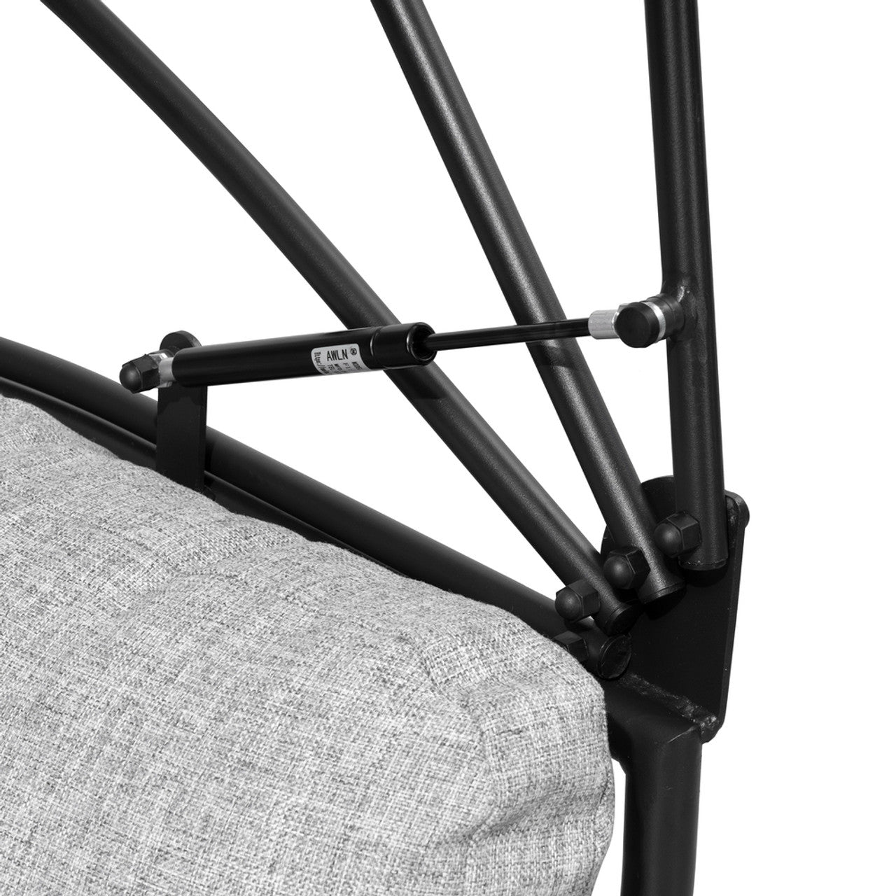 Gray seat cushion on black rocking base with metal support bars, side detail
