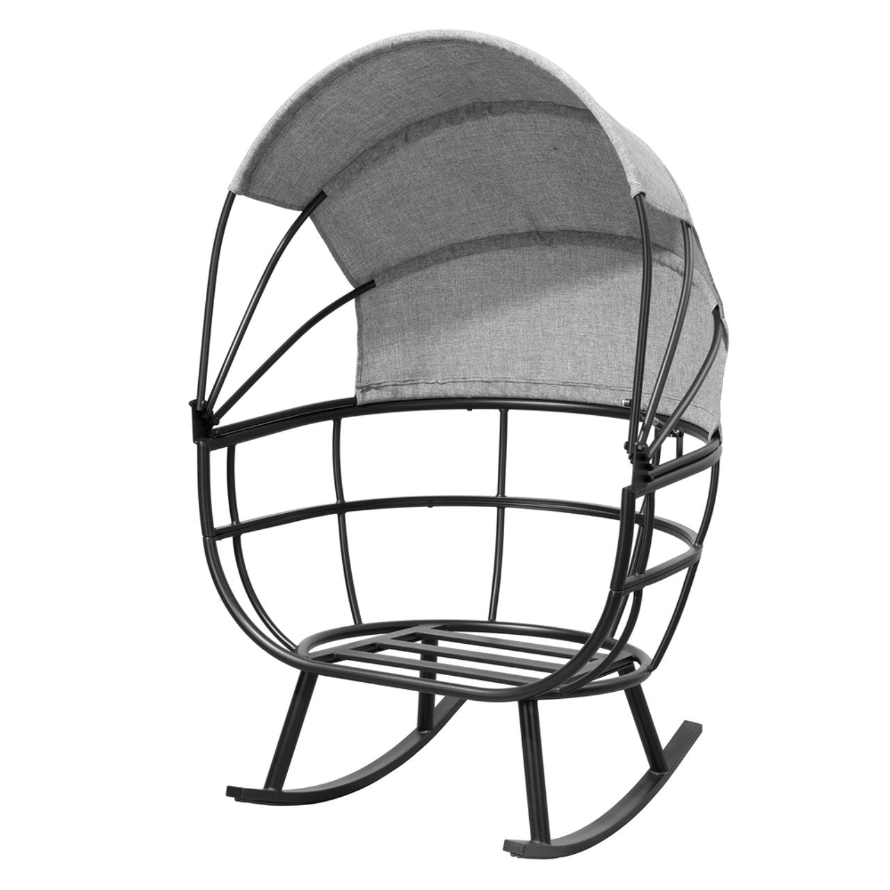 Back view of gray egg chair with black metal rocker frame and fabric canopy