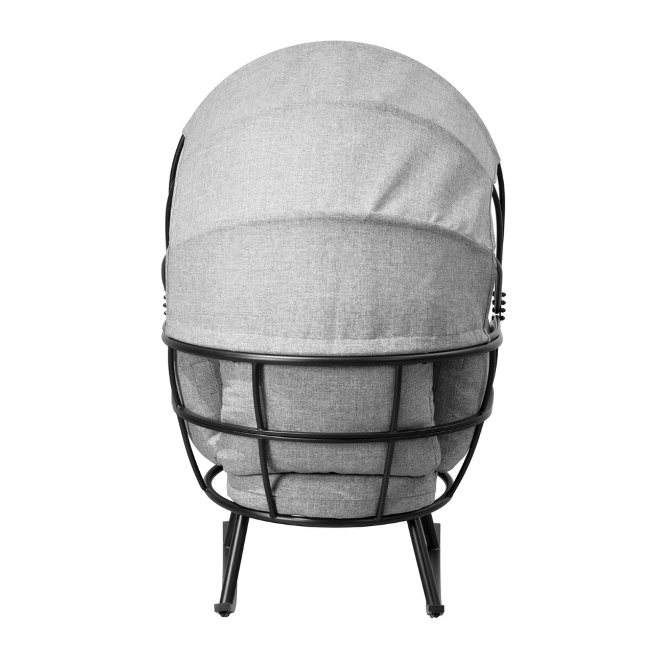 Gray egg chair with rounded back cushions and black metal front guard