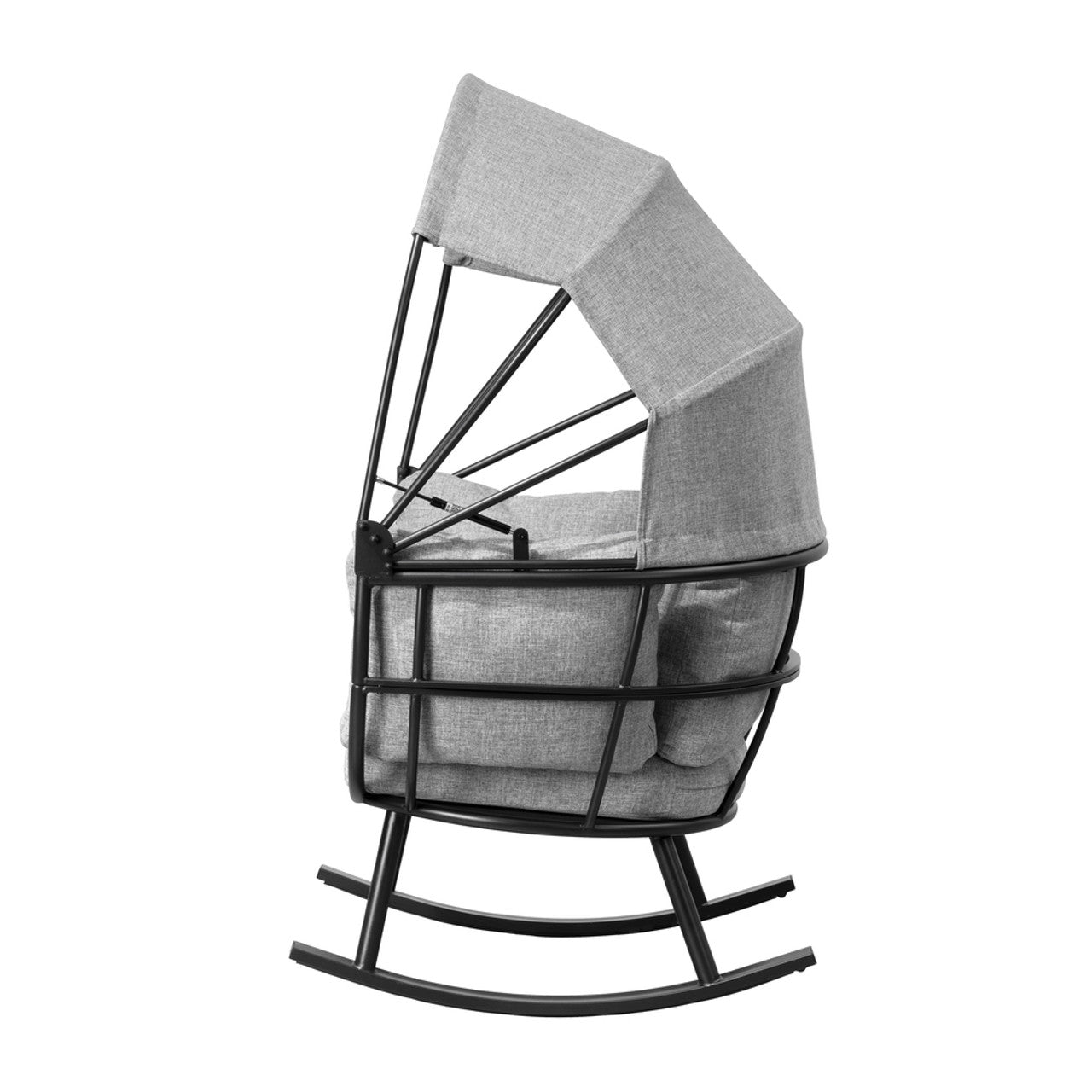 Side view of gray egg chair with black metal frame and layered seat cushions