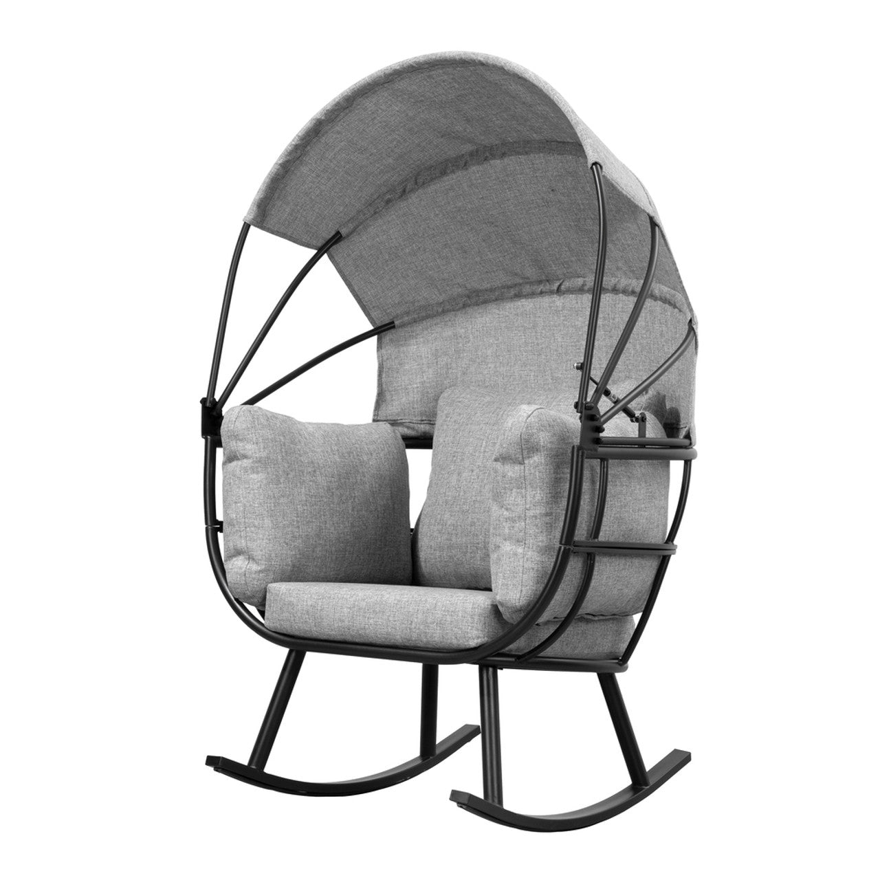 Gray cushioned egg chair with black rocker base and side support frame, angled view