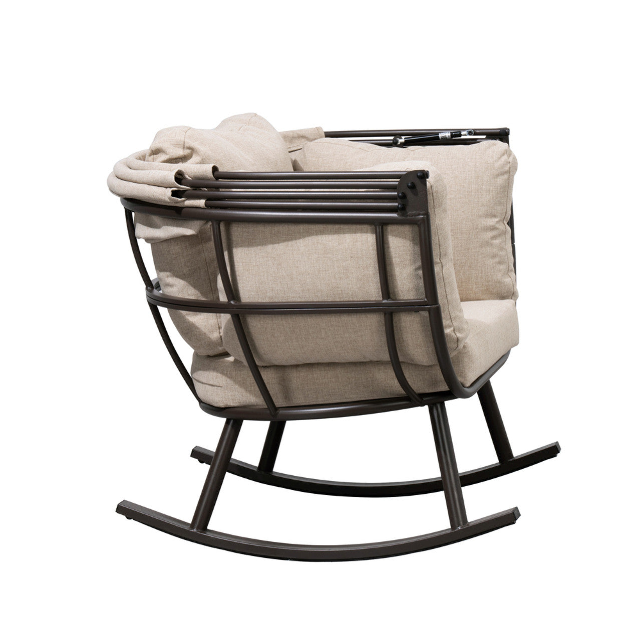 Outdoor rocking egg chair side view with beige padded cushions and dark metal rockers