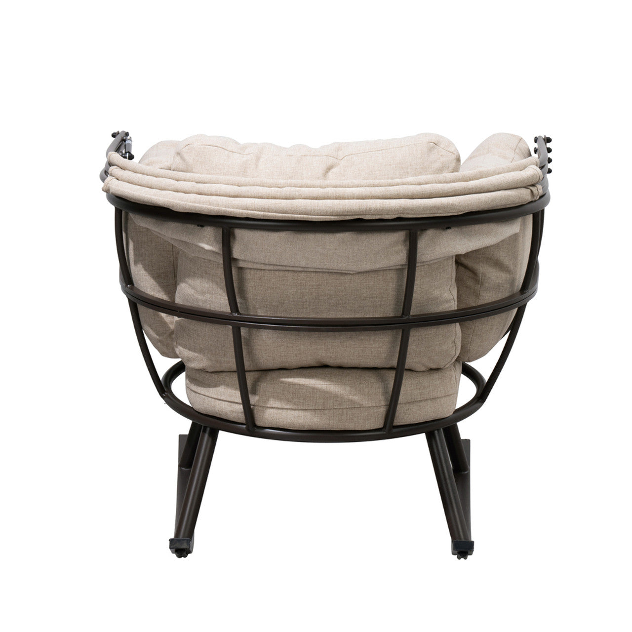 Outdoor rocking egg chair back view with beige cushions and dark metal protective frame