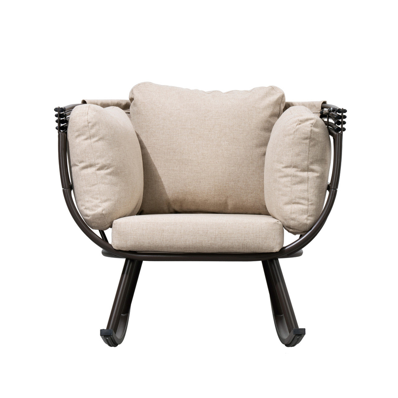 Beige upholstered egg rocking chair with two side cushions and armrests