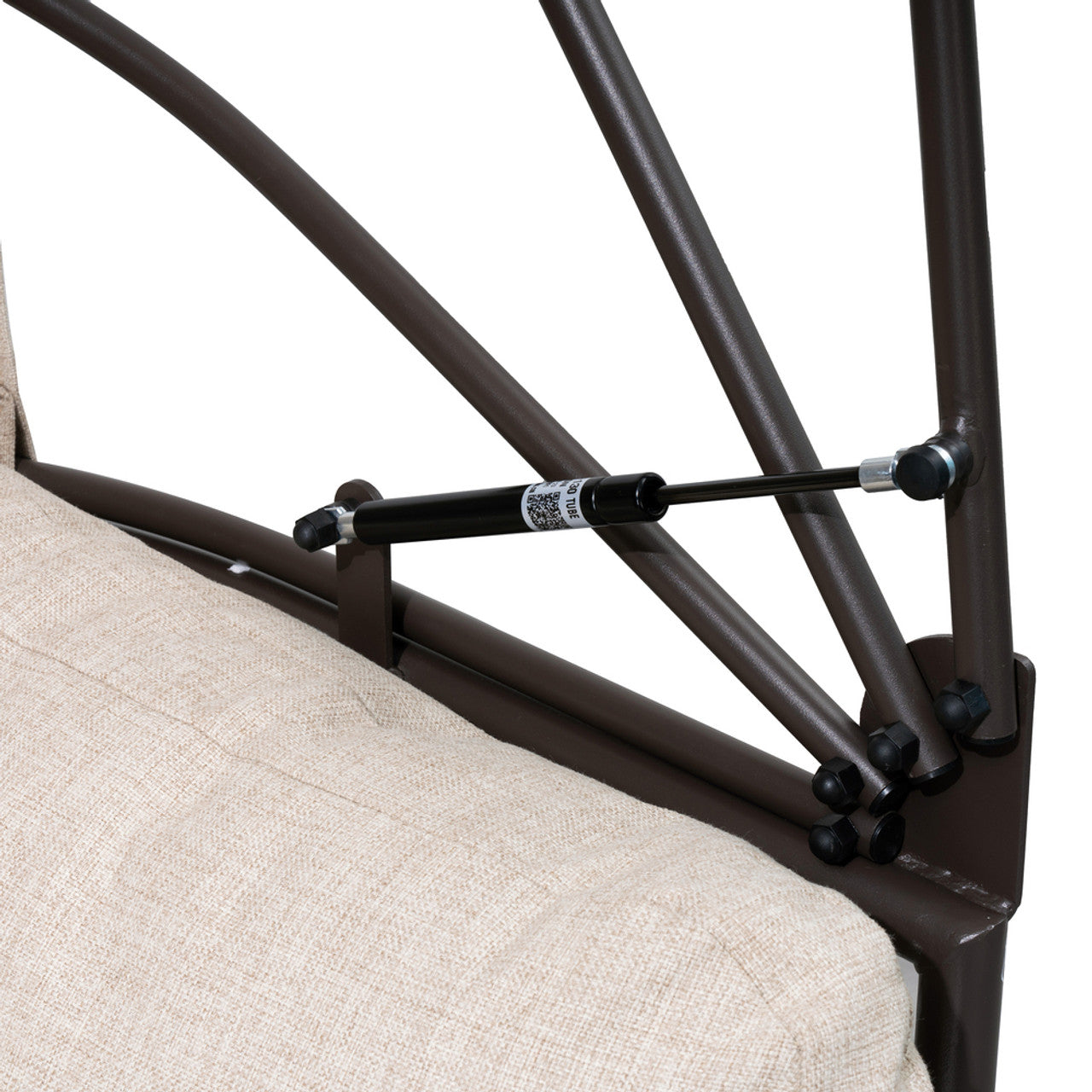 Outdoor rocking egg chair with dark metal frame and beige woven seat cushion