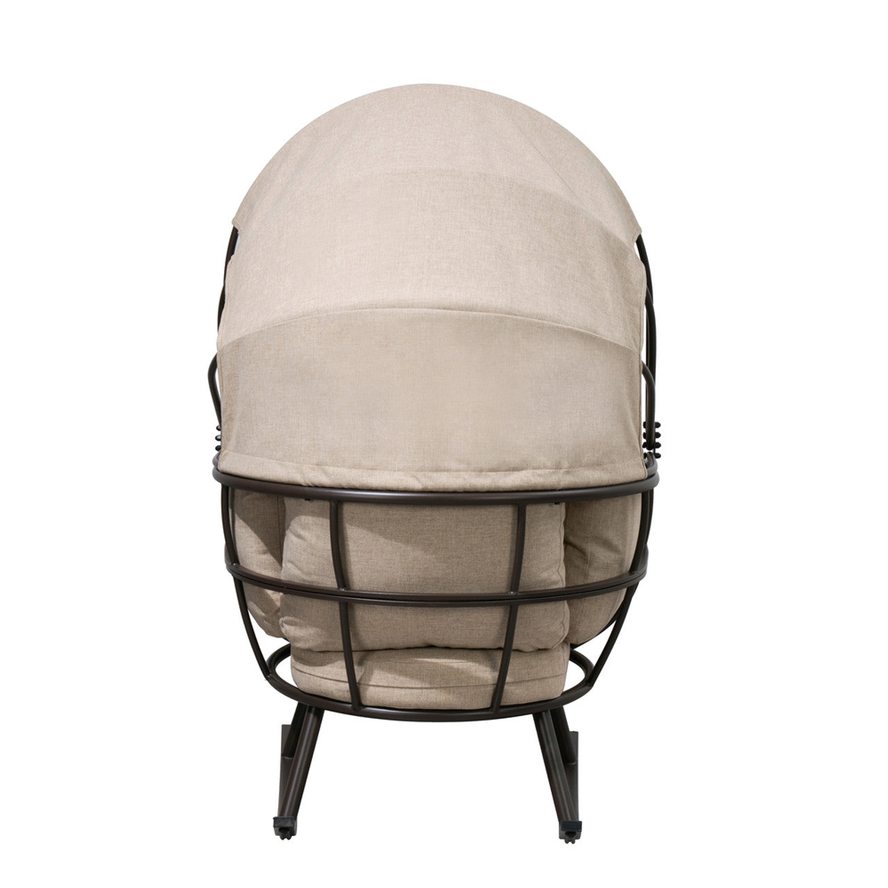Outdoor egg chair with beige cushion and canopy, dark metal basket-style back