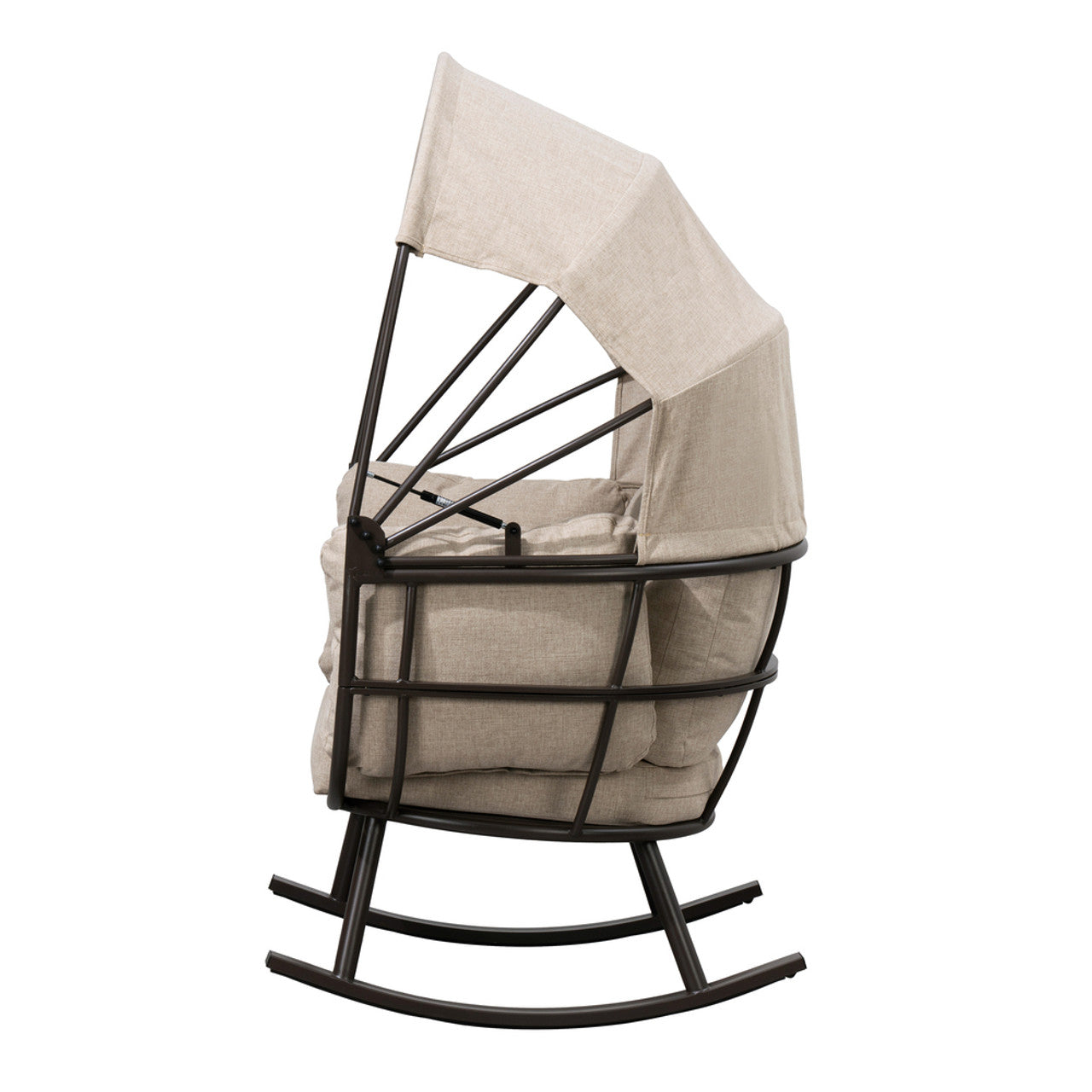 Outdoor rocking egg chair with beige cushions, dark frame, and hinged canopy cover