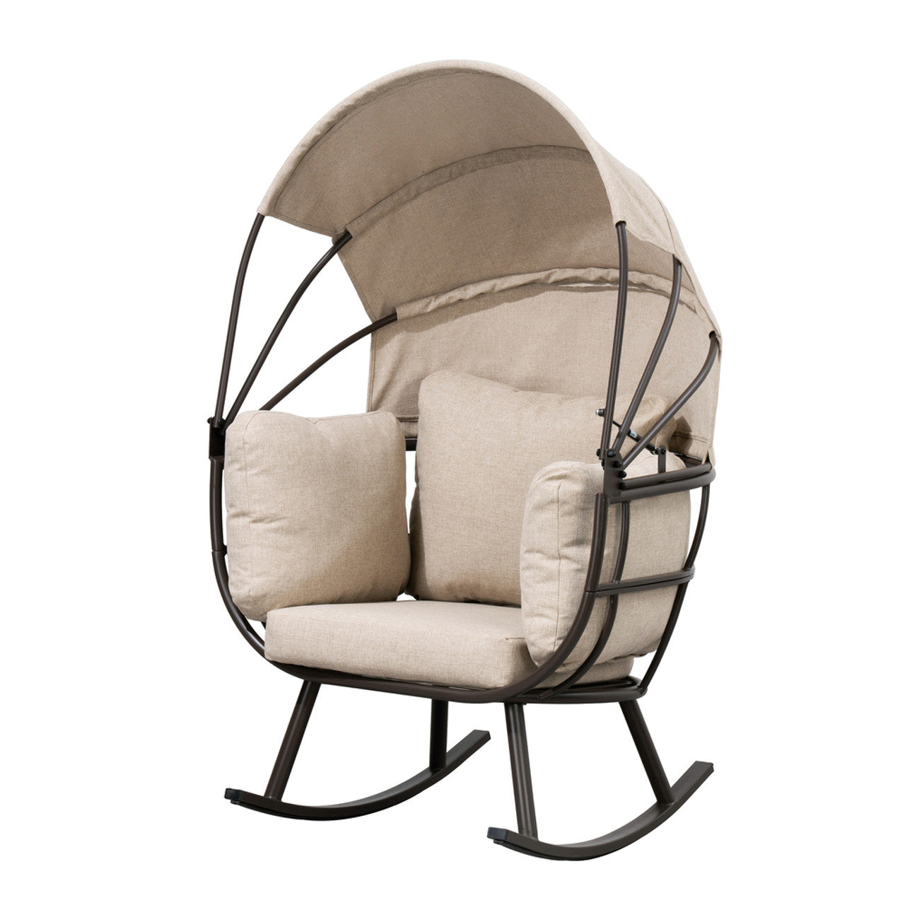 Beige patio egg chair with black rocking frame and cushioned seat, side view