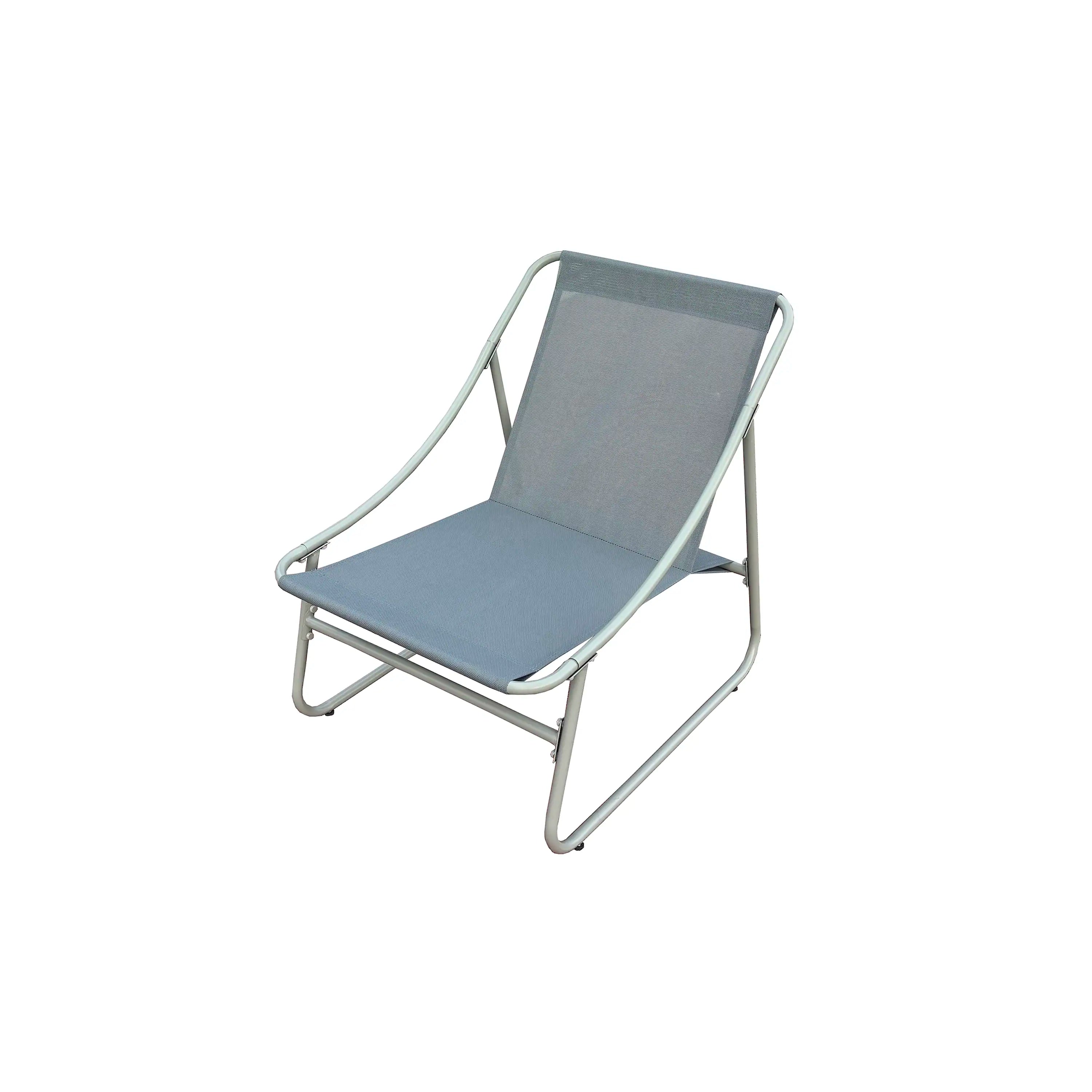 Outdoor bistro chair with gray-blue seat cushion and light gray metal frame