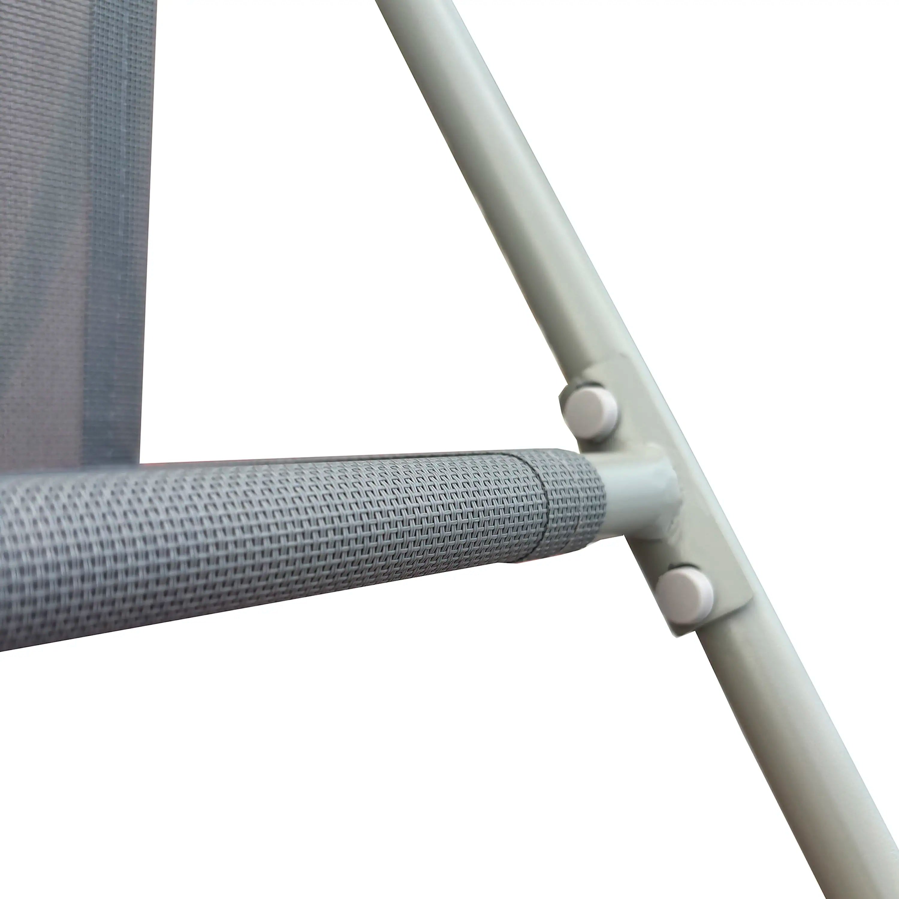 Outdoor bistro chair armrest and frame, light gray tubular metal with woven arm pad