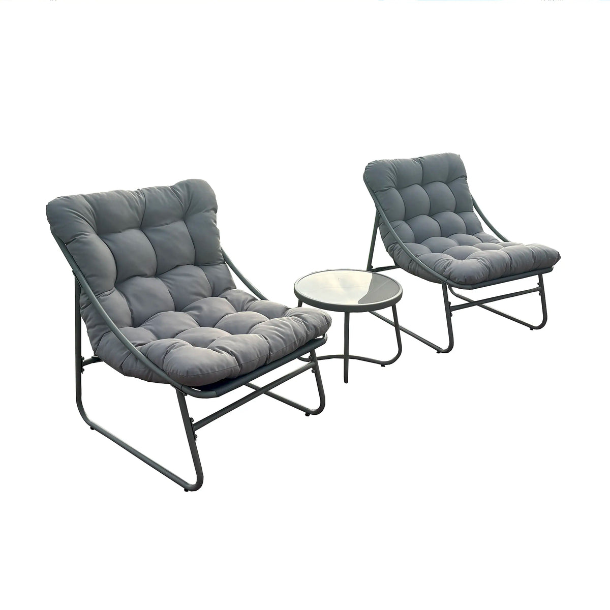 Outdoor bistro set with two gray-blue upholstered chairs and small round coffee table